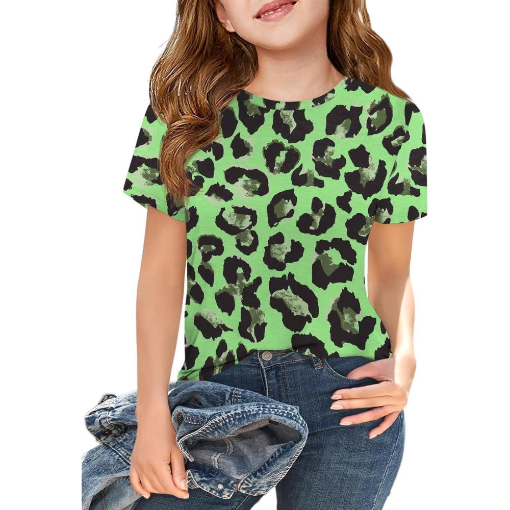 image:imageGirls Short Sleeve T Shirts Kids Summer Tops Crewneck Tees 514 YearsZ3green Leopard