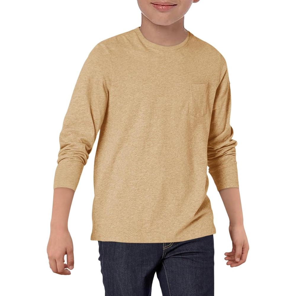 image:imageHaloumoning Boys Long Sleeve Shirts Kids Crewneck T Shirts Casual Tops Tees with Chest Pocket 514 YearsKhaki