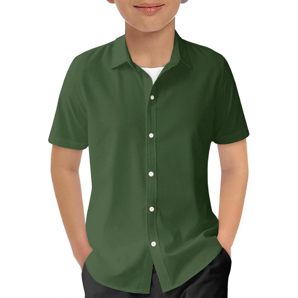 image:imageHaloumoning Boys Short Sleeve Dress Shirts Kids Summer School Uniform Button Down Shirt 514 YearsArmy Green
