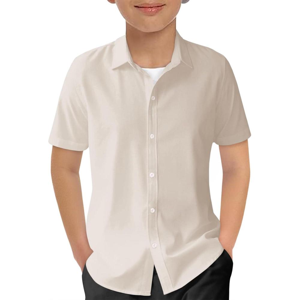 image:imageHaloumoning Boys Short Sleeve Dress Shirts Kids Summer School Uniform Button Down Shirt 514 YearsBeige