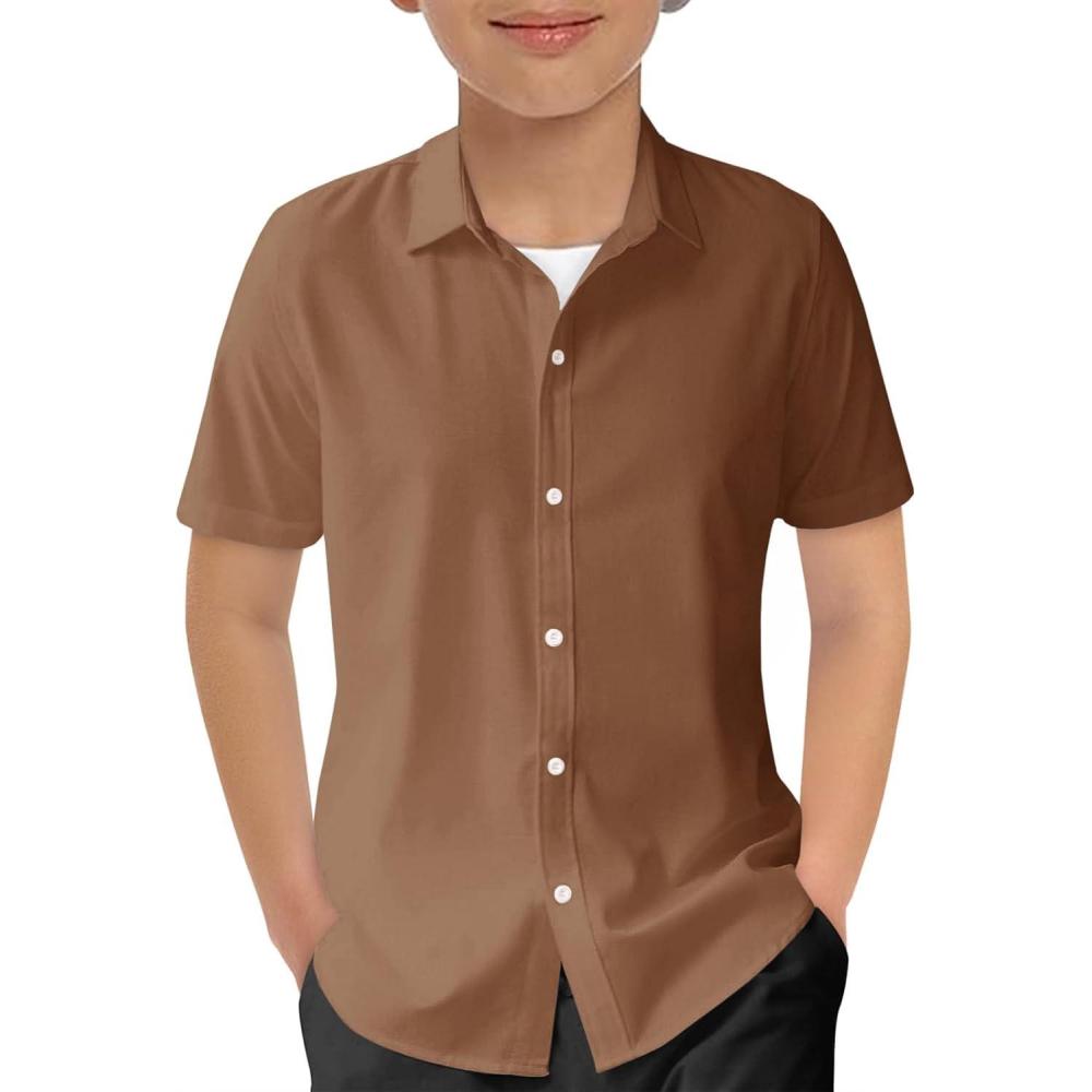 image:imageHaloumoning Boys Short Sleeve Dress Shirts Kids Summer School Uniform Button Down Shirt 514 YearsBrown