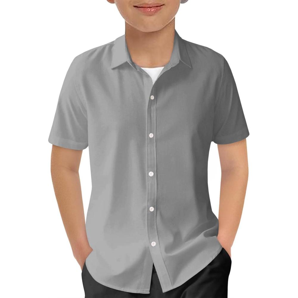image:imageHaloumoning Boys Short Sleeve Dress Shirts Kids Summer School Uniform Button Down Shirt 514 YearsGray