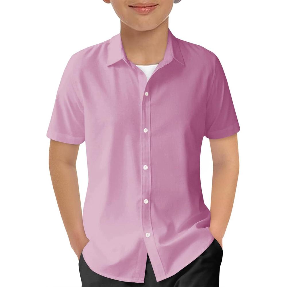 image:imageHaloumoning Boys Short Sleeve Dress Shirts Kids Summer School Uniform Button Down Shirt 514 YearsLight Pink