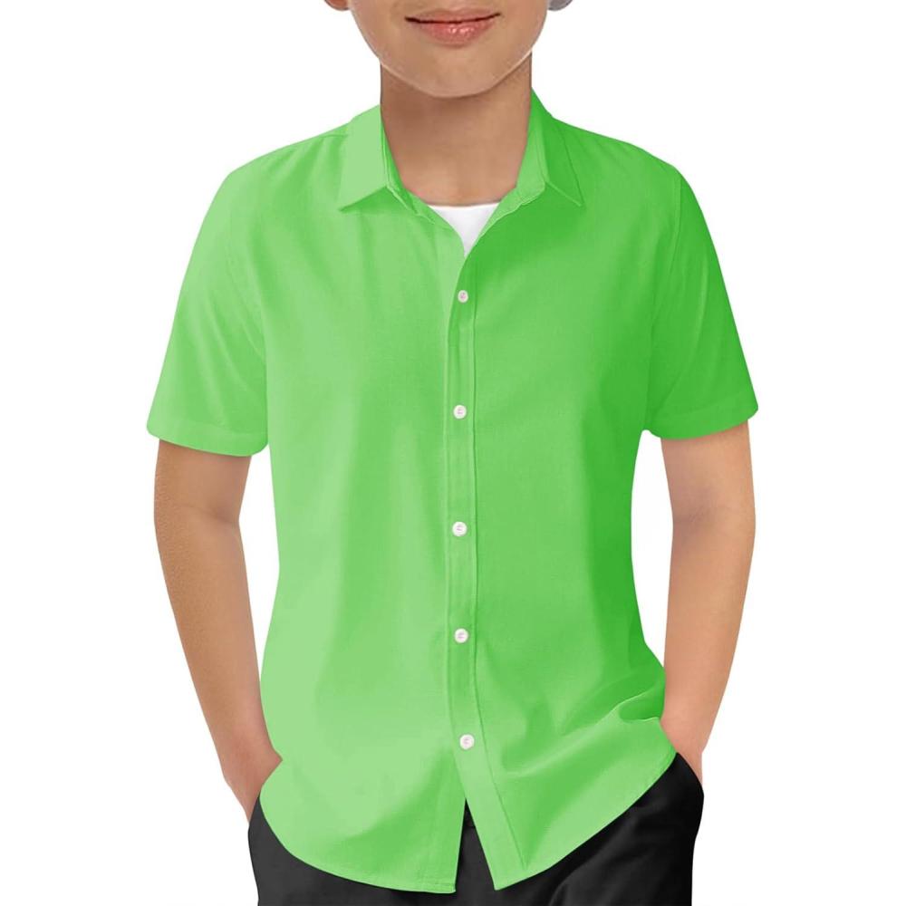image:imageHaloumoning Boys Short Sleeve Dress Shirts Kids Summer School Uniform Button Down Shirt 514 YearsNeon Green