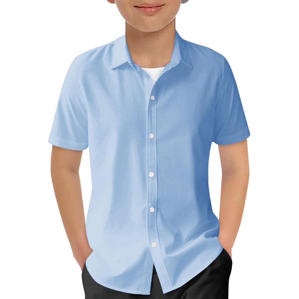 image:imageHaloumoning Boys Short Sleeve Dress Shirts Kids Summer School Uniform Button Down Shirt 514 YearsSky Blue