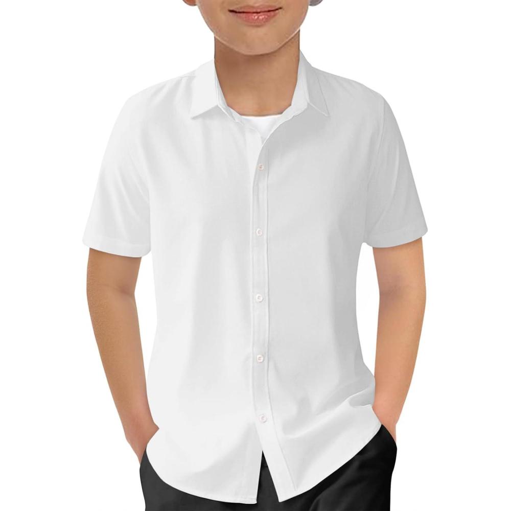 image:imageHaloumoning Boys Short Sleeve Dress Shirts Kids Summer School Uniform Button Down Shirt 514 YearsWhite