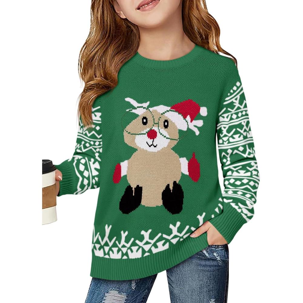 image:imageHaloumoning Girls Christmas Sweater Kids Long Sleeve Chunky Knit Sweaters Pullover Jumper Tops 514 YearsGreen