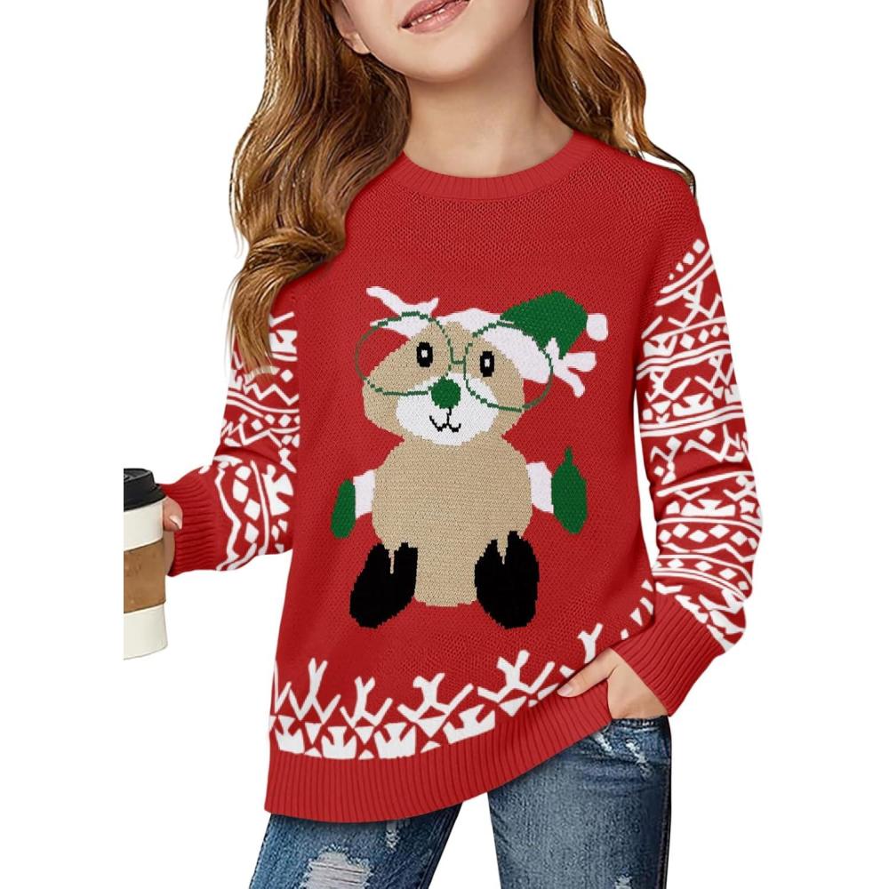 image:imageHaloumoning Girls Christmas Sweater Kids Long Sleeve Chunky Knit Sweaters Pullover Jumper Tops 514 YearsRed