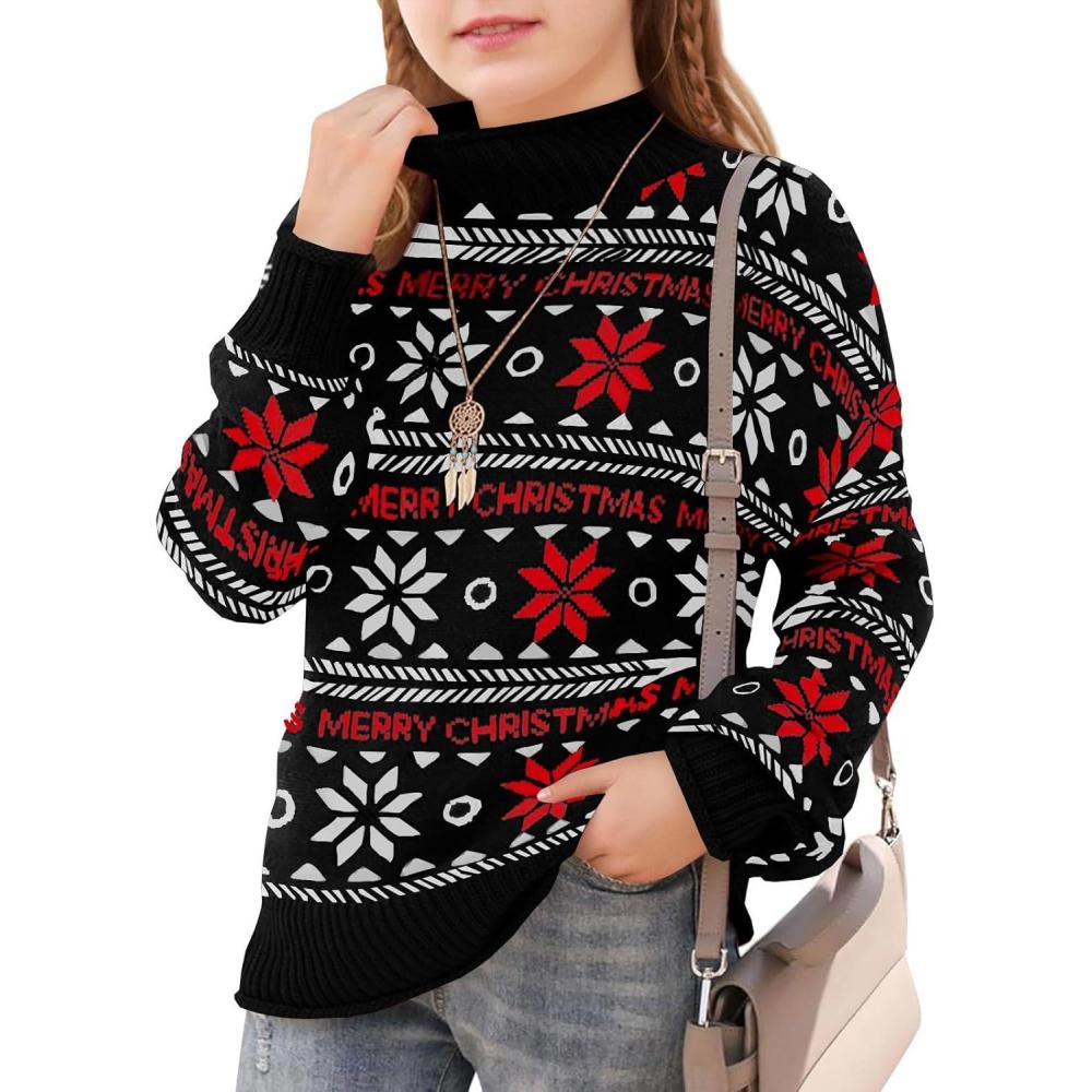image:imageHaloumoning Girls Christmas Sweaters Kids Mock Neck Long Sleeve Pullover Sweater Knit Jumper Tops 514 YearsBlack