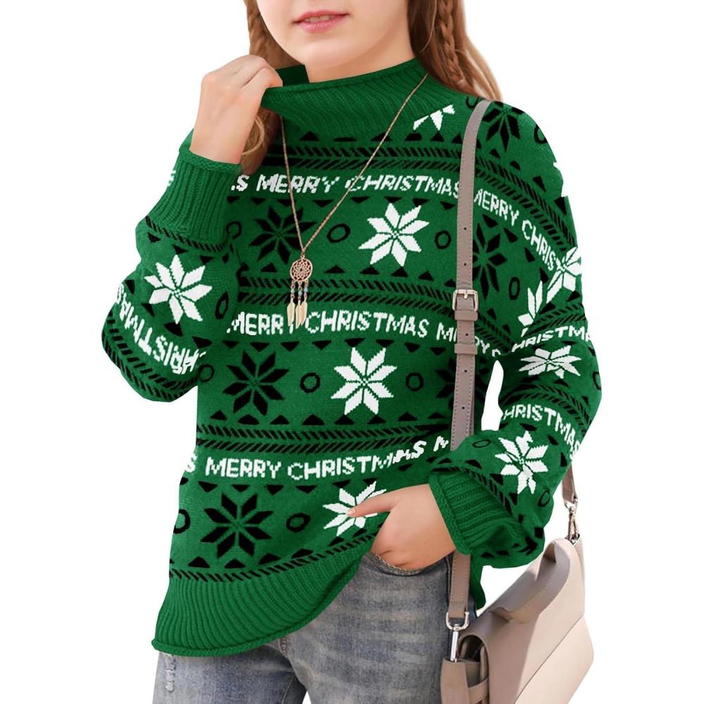 image:imageHaloumoning Girls Christmas Sweaters Kids Mock Neck Long Sleeve Pullover Sweater Knit Jumper Tops 514 YearsGreen