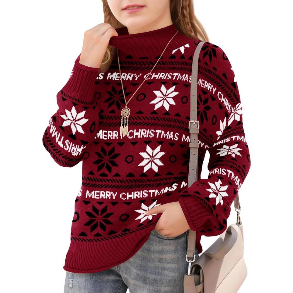 image:imageHaloumoning Girls Christmas Sweaters Kids Mock Neck Long Sleeve Pullover Sweater Knit Jumper Tops 514 YearsRed