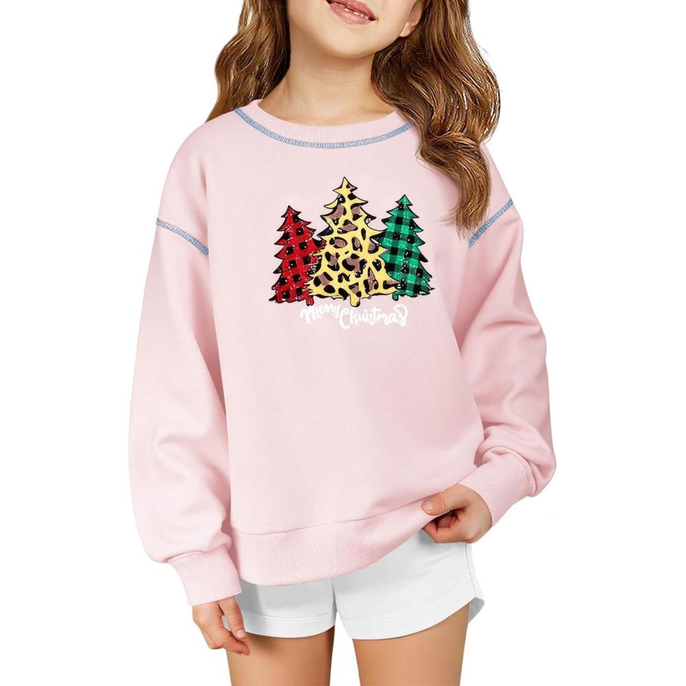 image:imageHaloumoning Girls Christmas Sweatshirt Kids Long Sleeve Crewneck Ugly Shirts Xmas Pullover Tops 514YLight Pink