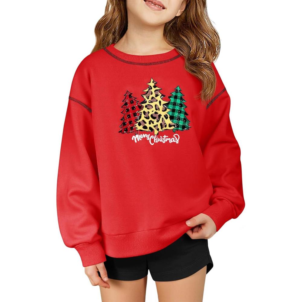 image:imageHaloumoning Girls Christmas Sweatshirt Kids Long Sleeve Crewneck Ugly Shirts Xmas Pullover Tops 514YRed