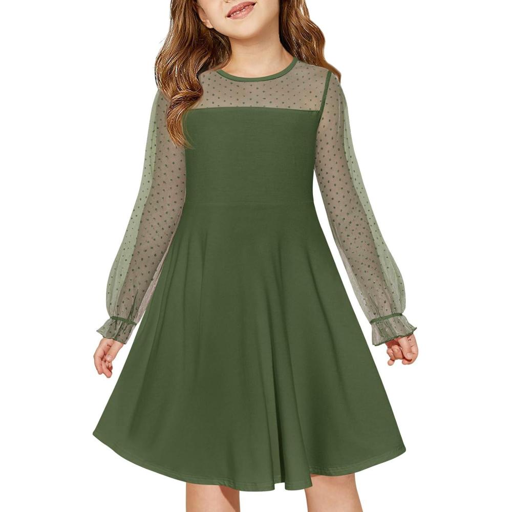 image:imageHaloumoning Girls Contrast Mesh Long Sleeve High Waist A Line Short Dress with Pockets 414 YearsArmy Green