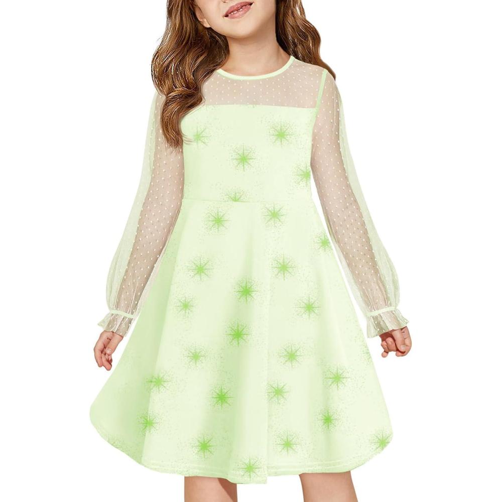 image:imageHaloumoning Girls Contrast Mesh Long Sleeve High Waist A Line Short Dress with Pockets 414 YearsLight Green