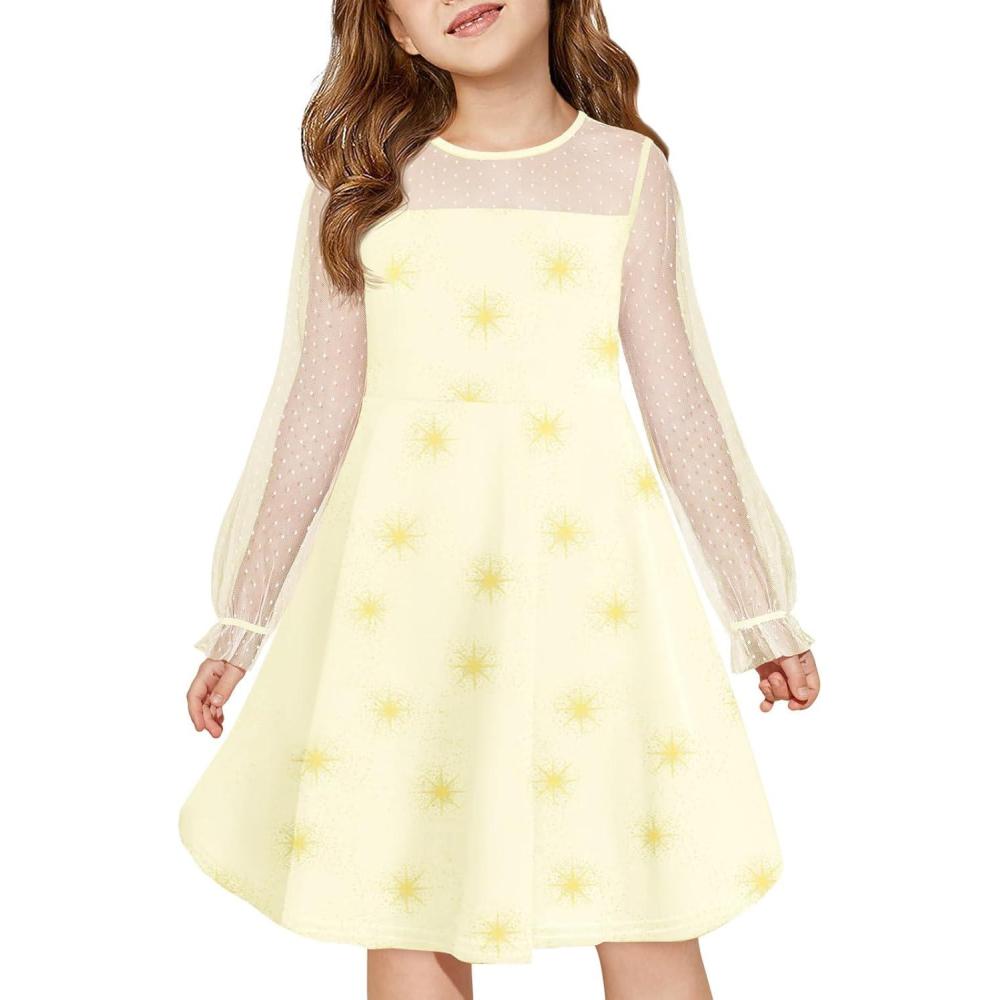 image:imageHaloumoning Girls Contrast Mesh Long Sleeve High Waist A Line Short Dress with Pockets 414 YearsLight Yellow
