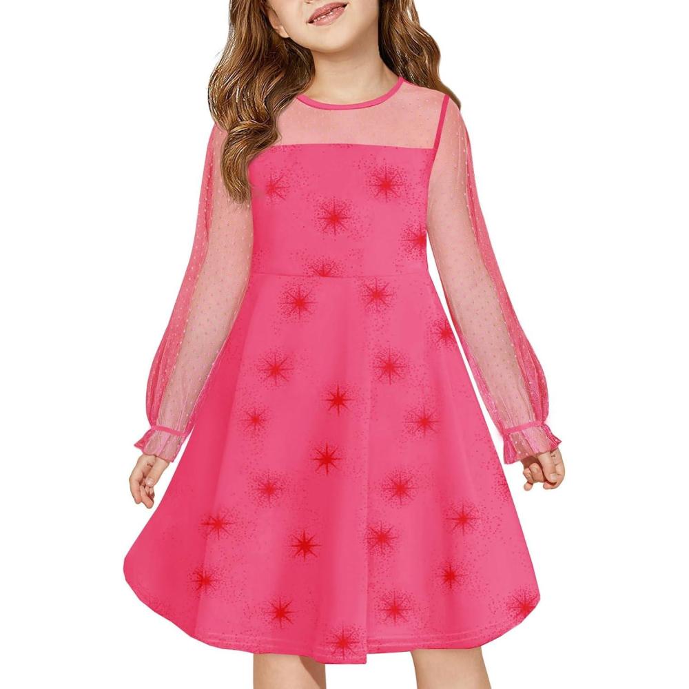 image:imageHaloumoning Girls Contrast Mesh Long Sleeve High Waist A Line Short Dress with Pockets 414 YearsRose Red1