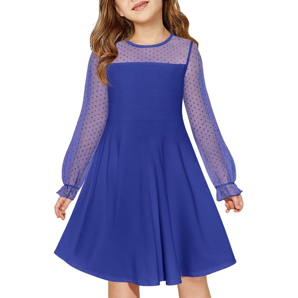 image:imageHaloumoning Girls Contrast Mesh Long Sleeve High Waist A Line Short Dress with Pockets 414 YearsRoyal Blue
