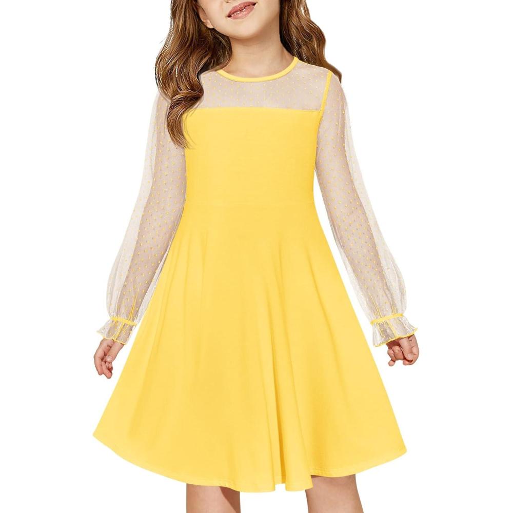 image:imageHaloumoning Girls Contrast Mesh Long Sleeve High Waist A Line Short Dress with Pockets 414 YearsYellow