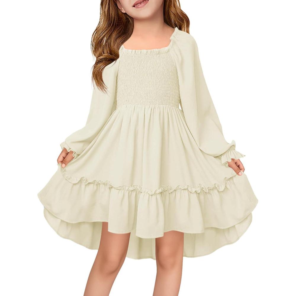 image:imageHaloumoning Girls Lantern Long Sleeve Dresses Kids Square Neck High Low Hem Smocked Fall Dress 514 YearsBeige