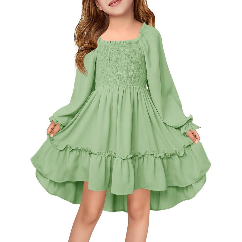 image:imageHaloumoning Girls Lantern Long Sleeve Dresses Kids Square Neck High Low Hem Smocked Fall Dress 514 YearsLight Green