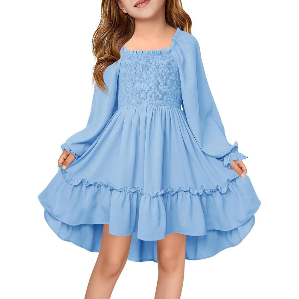 image:imageHaloumoning Girls Lantern Long Sleeve Dresses Kids Square Neck High Low Hem Smocked Fall Dress 514 YearsSky Blue