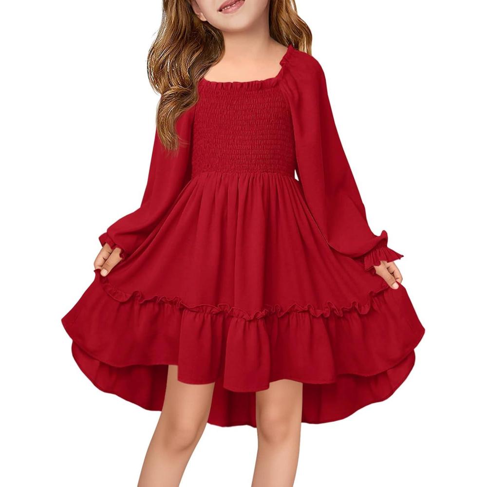 image:imageHaloumoning Girls Lantern Long Sleeve Dresses Kids Square Neck High Low Hem Smocked Fall Dress 514 YearsWine Red
