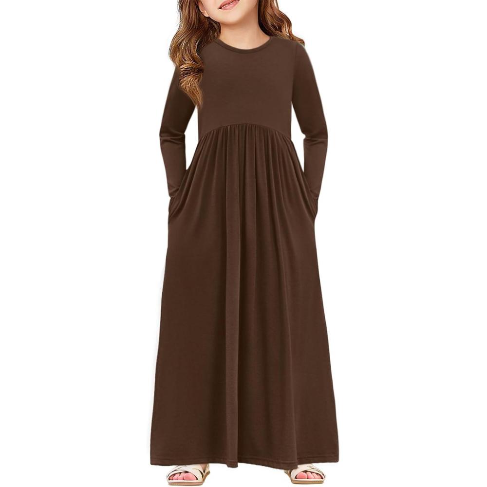 image:imageHaloumoning Girls Maxi Dress Long Sleeve Casual Holiday Dress with Pockets for 514 YearsBrown