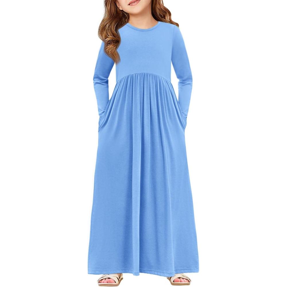 image:imageHaloumoning Girls Maxi Dress Long Sleeve Casual Holiday Dress with Pockets for 514 YearsSky Blue