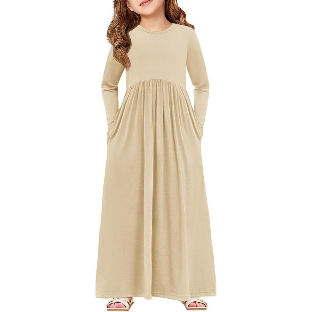 image:imageHaloumoning Girls Maxi Dress Long Sleeve Casual Holiday Dress with Pockets for 514 YearsZ Beige