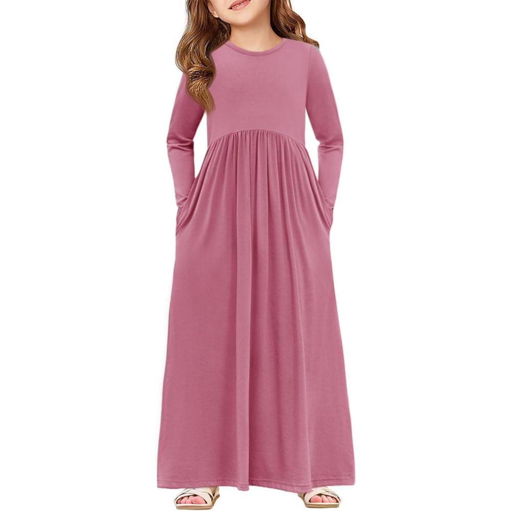 image:imageHaloumoning Girls Maxi Dress Long Sleeve Casual Holiday Dress with Pockets for 514 YearsZ Pink Red