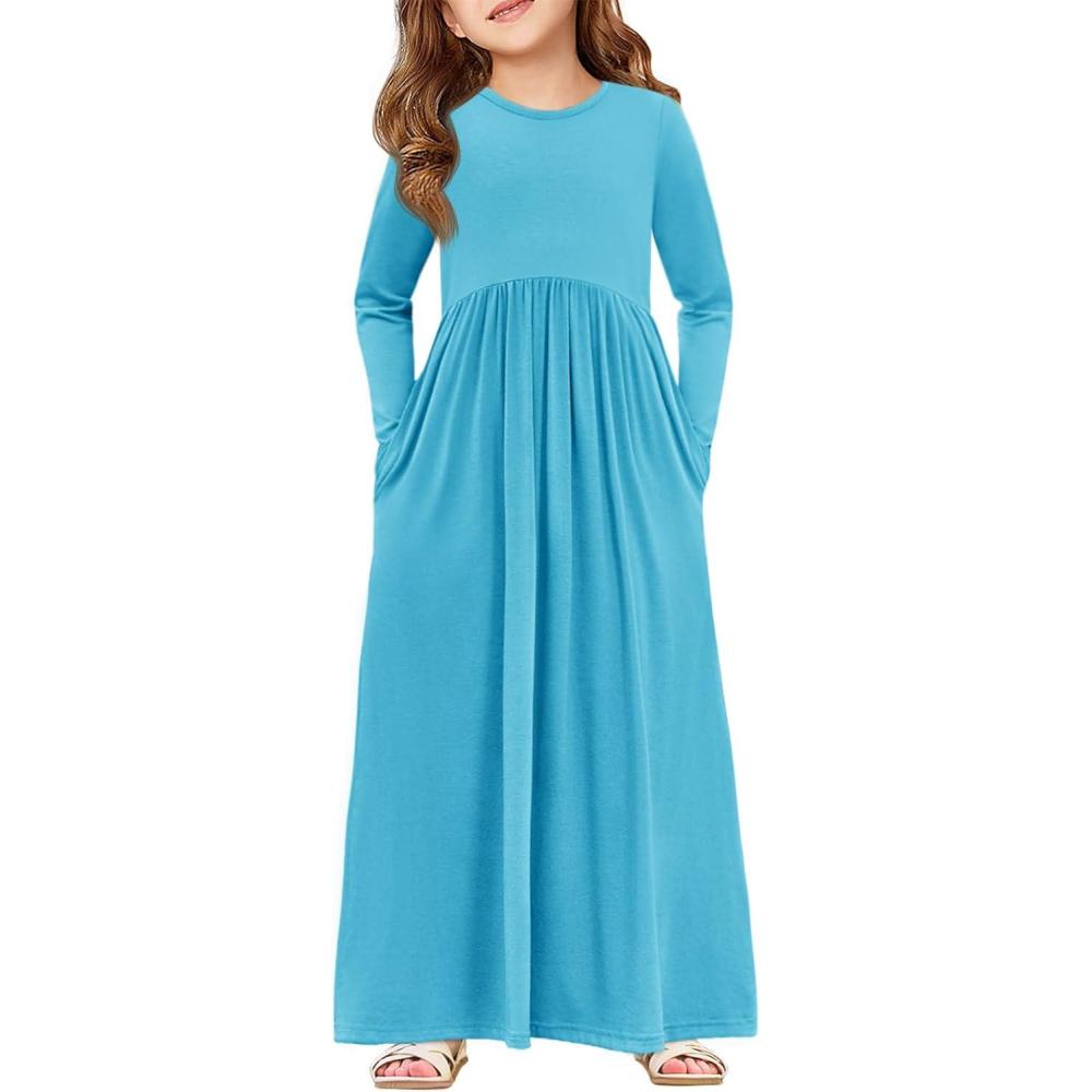 image:imageHaloumoning Girls Maxi Dress Long Sleeve Casual Holiday Dress with Pockets for 514 YearsZ Teal