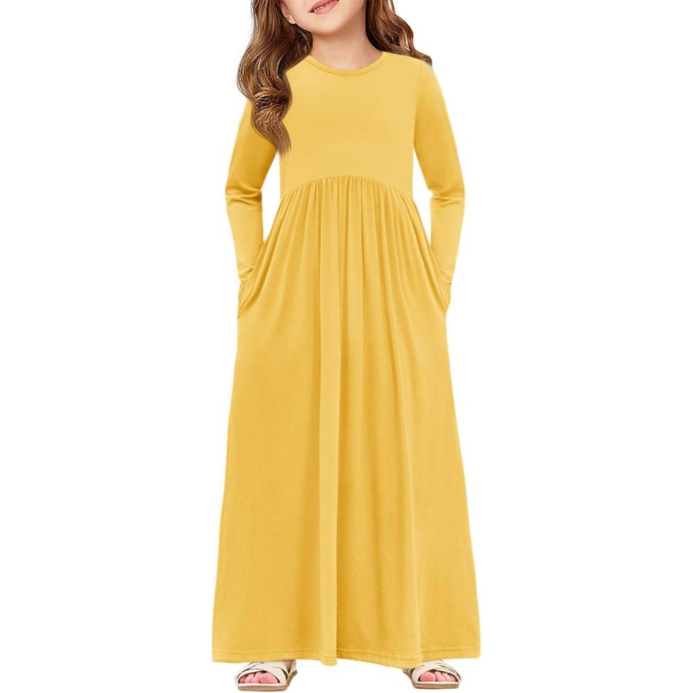 image:imageHaloumoning Girls Maxi Dress Long Sleeve Casual Holiday Dress with Pockets for 514 YearsZ Yellow