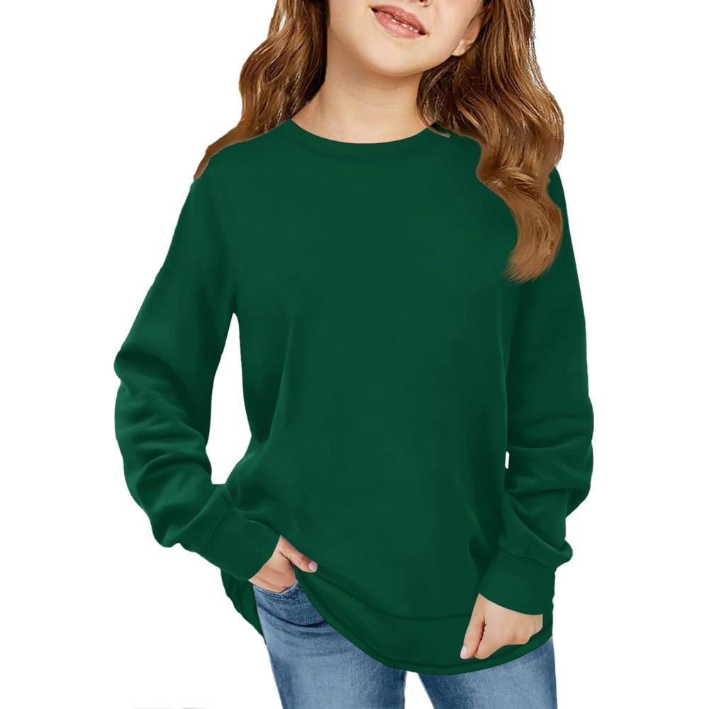 image:imageHaloumoning Girls Oversized Long Sleeve Shirts Kids Fashion Crewneck Tunic Tops Curved Hem Tees 714 YearsDark Green