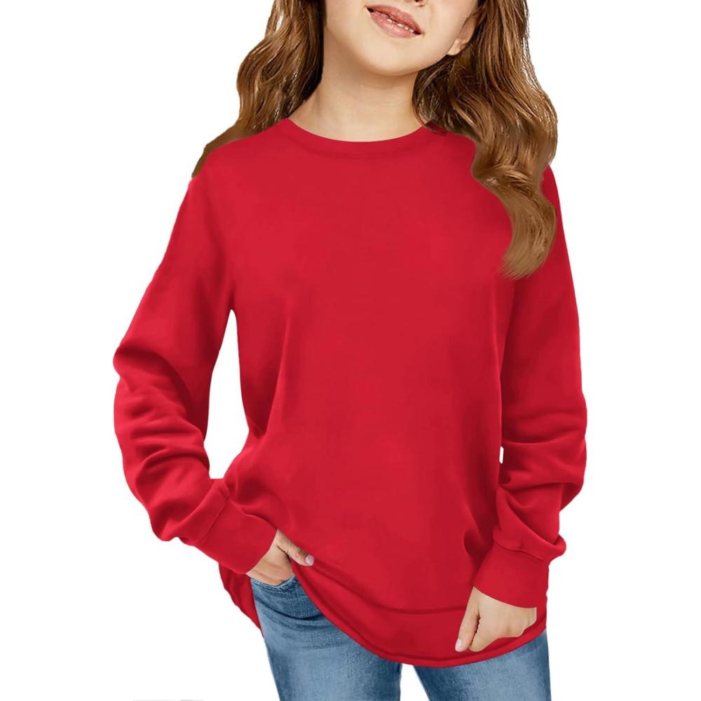 image:imageHaloumoning Girls Oversized Long Sleeve Shirts Kids Fashion Crewneck Tunic Tops Curved Hem Tees 714 YearsRed