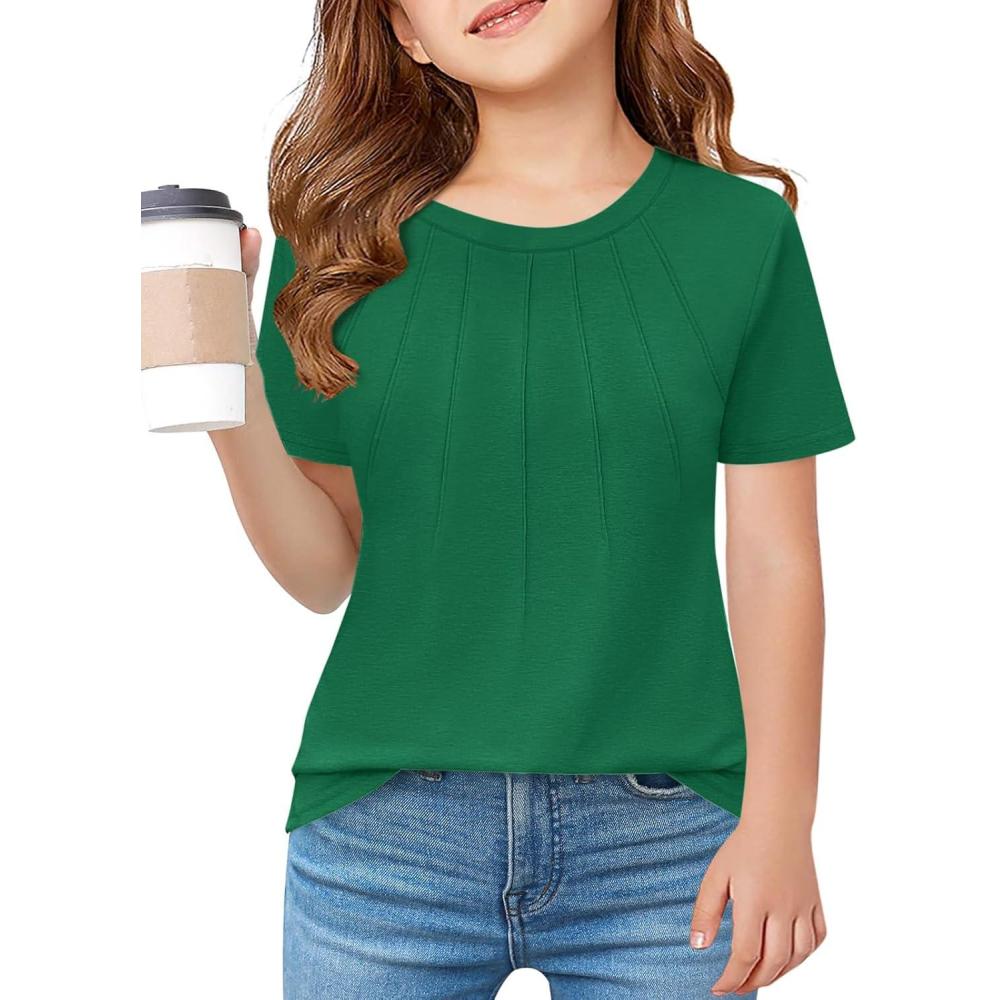 image:imageHaloumoning Girls Pleated T Shirts Kids Summer Short Sleeve Fashion Tops Tees 514 YearsDark Green