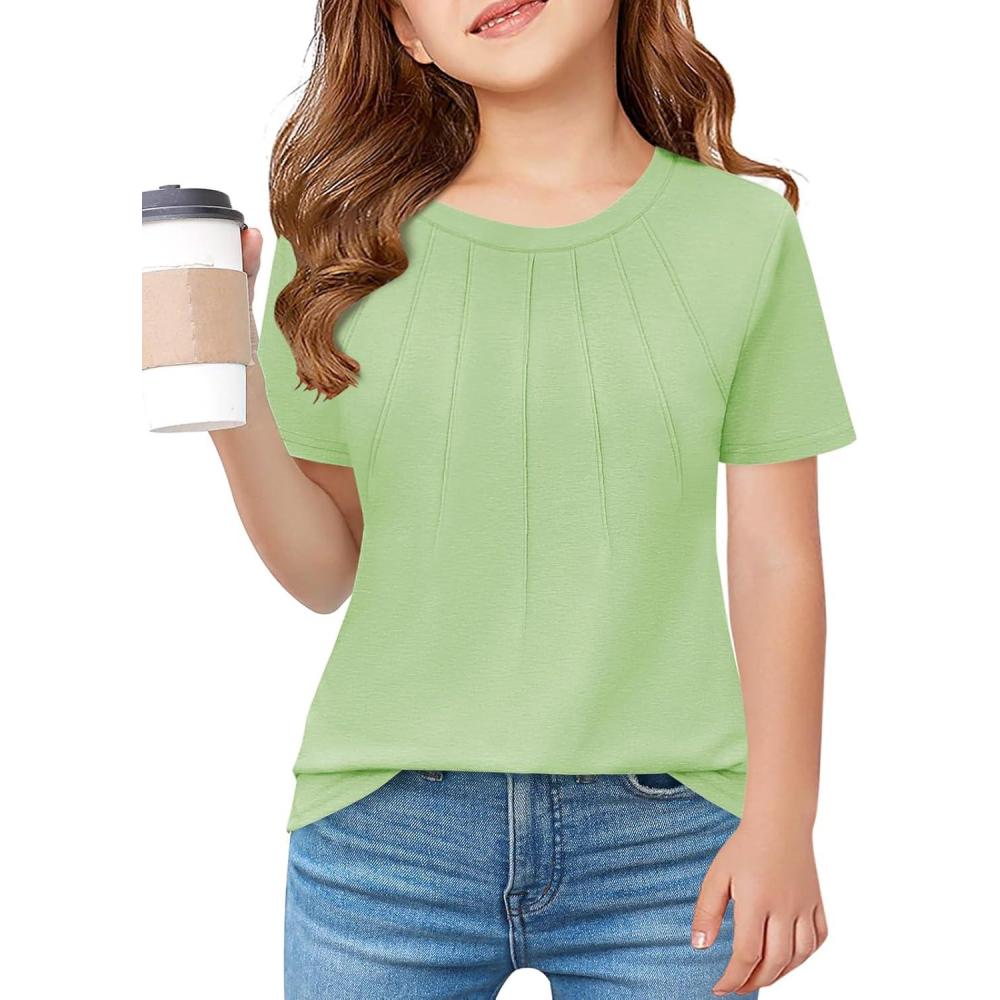 image:imageHaloumoning Girls Pleated T Shirts Kids Summer Short Sleeve Fashion Tops Tees 514 YearsLight Green