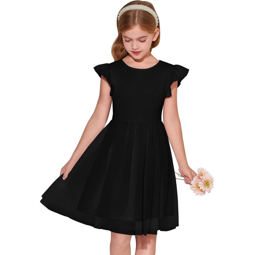 image:imageHaloumoning Girls Tutu Dress Ruffle Short Sleeve Fluffy Summer Party Tulle Dress for Kids 514YBlack