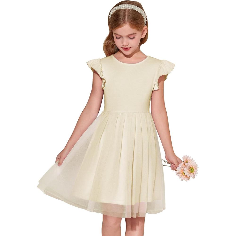 image:imageHaloumoning Girls Tutu Dress Ruffle Short Sleeve Fluffy Summer Party Tulle Dress for Kids 514YOffwhite