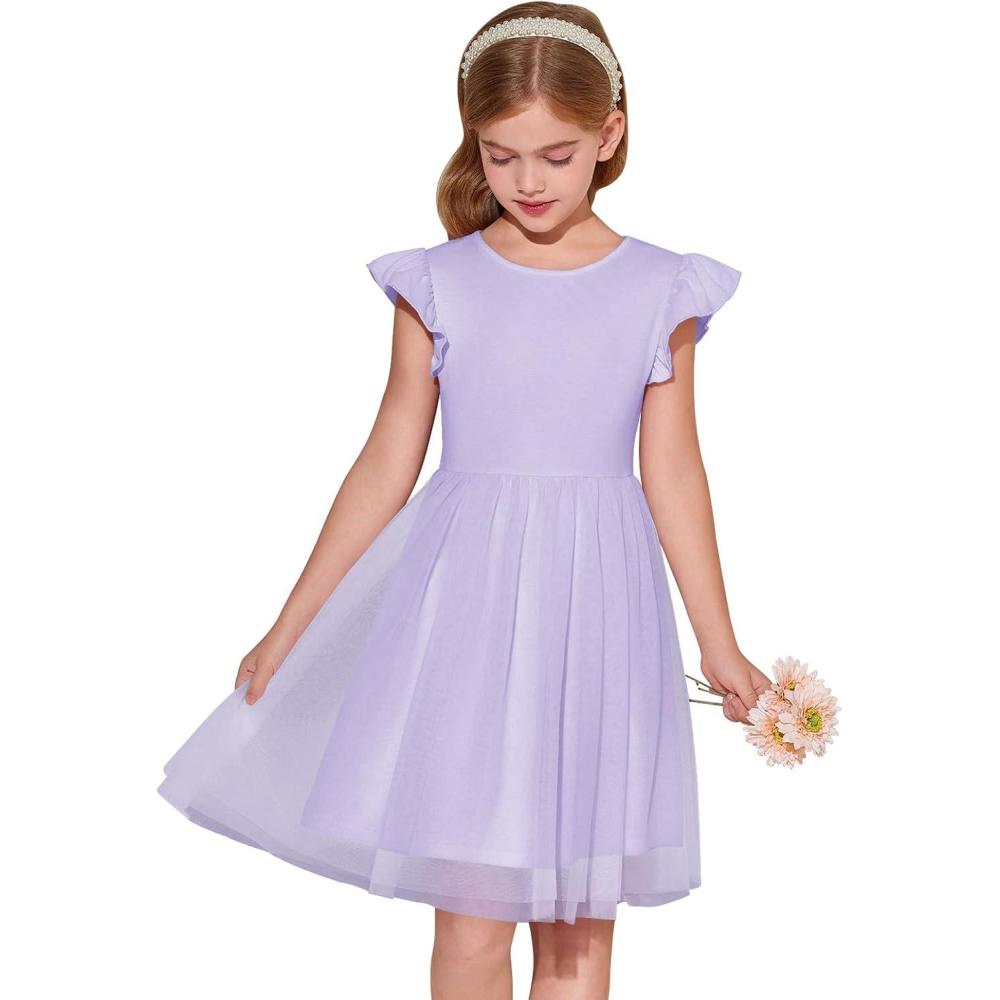 image:imageHaloumoning Girls Tutu Dress Ruffle Short Sleeve Fluffy Summer Party Tulle Dress for Kids 514YPurple