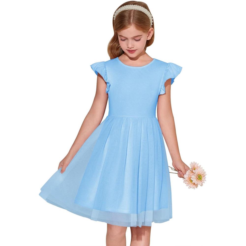 image:imageHaloumoning Girls Tutu Dress Ruffle Short Sleeve Fluffy Summer Party Tulle Dress for Kids 514YSky Blue