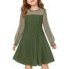 Haloumoning Girls Contrast Mesh Long Sleeve High Waist A Line Short Dress with Pockets 4-14 Years(Army Green)