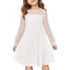 Haloumoning Girls Contrast Mesh Long Sleeve High Waist A Line Short Dress with Pockets 4-14 Years(Beige)