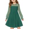 Haloumoning Girls Contrast Mesh Long Sleeve High Waist A Line Short Dress with Pockets 4-14 Years(Dark Green)