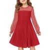 Haloumoning Girls Contrast Mesh Long Sleeve High Waist A Line Short Dress with Pockets 4-14 Years(Dark Red)
