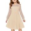 Haloumoning Girls Contrast Mesh Long Sleeve High Waist A Line Short Dress with Pockets 4-14 Years(Khaki)