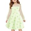 Haloumoning Girls Contrast Mesh Long Sleeve High Waist A Line Short Dress with Pockets 4-14 Years(Light Green)