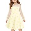 Haloumoning Girls Contrast Mesh Long Sleeve High Waist A Line Short Dress with Pockets 4-14 Years(Light Yellow)