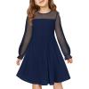 Haloumoning Girls Contrast Mesh Long Sleeve High Waist A Line Short Dress with Pockets 4-14 Years(Navy Blue)