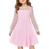 Haloumoning Girls Contrast Mesh Long Sleeve High Waist A Line Short Dress with Pockets 4-14 Years(Pink)